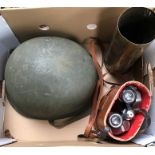 WW2 pattern U.S Army helmet, 1917 French Shell Casing & a set of Japanese Binoculars.