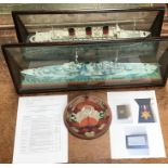 Two scratch built model ships in glazed cases  one of H.M.S Exeter (26”) made in 1943 after she