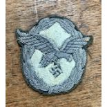 Luftwaffe Officers Pilots Badge, early Silver bullion Padded/Raised type, Hand embroidered silver