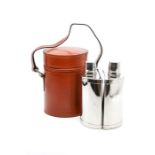 A pair of modern Roberts & Dore demi lune stainless steel hipflask in fitted leather carrier, with