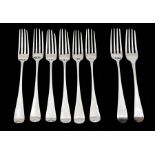Six George III Hanoverian pattern table forks, each reverse handle engraved with a crest, hallmarked