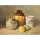 Terence Storey P.P.R.S.M.A., F.R.S.A (British 1923-2019), Still Life Pottery and Apples, oil on