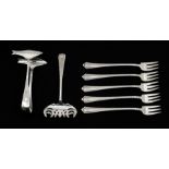A collection of silver to include: a set of five early 20th Century American silver pickle forks, by