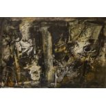 In the manner of John Piper, abstract oil in monochrome, appears unsigned, approx 71cm x 107cm,
