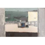 In the Manner of Paul Feiler, an abstract St Ives coastal town with a whitewash building right, oils