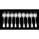 A set of five George III provincial silver fiddle pattern dessert spoons by Reid & Sons, Newcastle