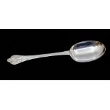 A Queen Anne silver lace back trefid spoon, raised rat tail to reverse bowl, the reverse with