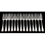 A matched set of fourteen Victorian Old English Pattern silver dessert forks, each engraved with
