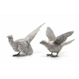 A pair of Modern silver pheasants, realistically cast, hallmarked by C J Vander, Sheffield, 2000,