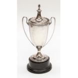 A George V plain silver elongated urn shaped two handled trophy and cover, the cover with acorn