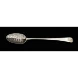 An 18th Century silver Old English Pattern straining spoon, engraved with a crest, circa 1780, marks