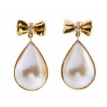 A pair of Mabe blister pearl and diamond 18ct gold drop earrings, comprising diamond set bow tops,
