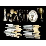A quantity of plate, EPNS flatware to include: bone handled knives, servers, spoons, toast rack, nut