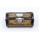 An early 19th century silver-mounted leather cylindrical snuff box, he hinged cover applied with a