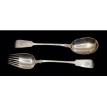 A Victorian silver fiddle pattern large serving fork and spoon, both engraved with a crest, by