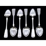 Six George III Scottish fiddle pattern silver table spoons, each engraved with initials, by