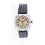 Rolex- a 1920's Oyster Perpetual Junior Rolex, chrome cushion shaped case with round silvered