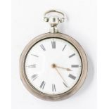 A George III paired case silver pocket watch with gold hands, white enamel dial with Roman numerals,