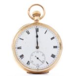 A 9ct gold open face pocket watch, white enamel dial with Roman numerals, subsidiary seconds dial,