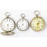 A Waltham and co open face pocket watch, Birmingham 1876, two others with engine turned silver cases