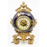 Mantel Clock with French movement. Blue enamelled surround with painted flowers. Eight-day