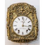 French Wall clock with enamel dial with name Perrent a’ St Etienne painted on it. Two train movement