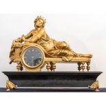 Large French mantel clock with reclined gilded lady on slate plinth. Rear leg of base missing.