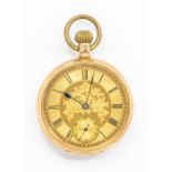An Edwardian 9ct gold open face pocket watch, Birmingham 1904, engine turned dial, floral chapter