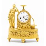 Good French Gilt mantel clock of small proportions 8” high depicting a maiden next to a water