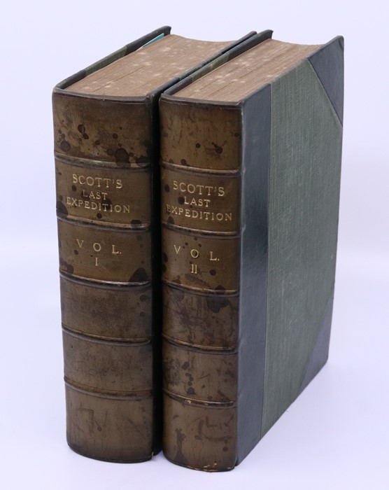 Scotts Last Expedition volumes I & II  London Smith Elder 1913  green Morocco leather binding