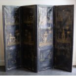 An early 19th century black-lacquered four-fold screen, gilt with Chinoiserie