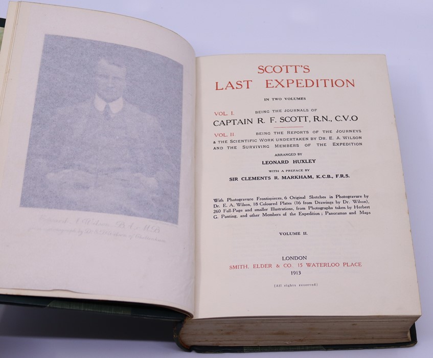 Scotts Last Expedition volumes I & II  London Smith Elder 1913  green Morocco leather binding - Image 3 of 3