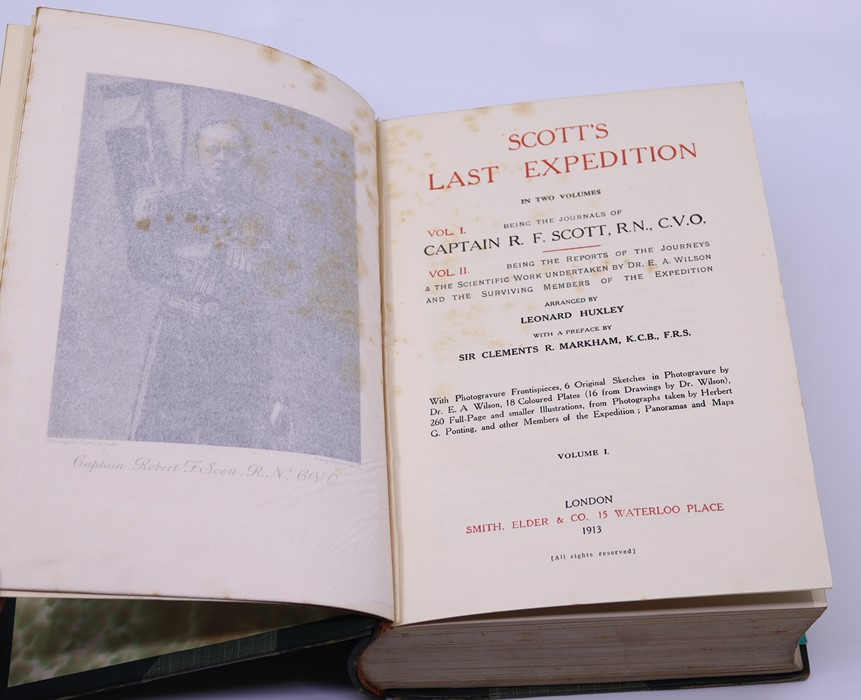 Scotts Last Expedition volumes I & II  London Smith Elder 1913  green Morocco leather binding - Image 2 of 3