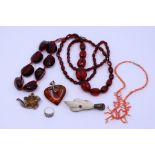 Two cherry amber necklaces together with costume jewellery (qty)