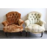A Pair of early 20th cent buttoned armchairs , original ticking worn