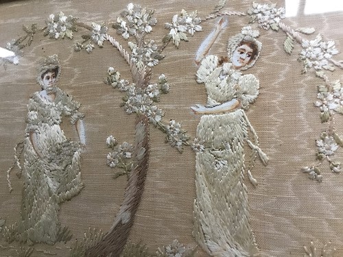 An embroidery on silk of two women picking blossom beneath the tree, pale colour embroidery threads, - Image 2 of 2