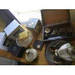 Two boxes of assorted items including tripod trivet, brass light fitting with painted glass shade,