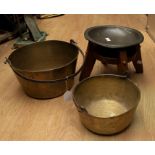 Collection of jam pans, wooden stool, and English Pewter Liberty style fruit bowl.