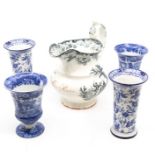 Small blue and white 19th century Spode urn vases along with a pair of Burlight blue and white vases
