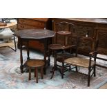 A collection of furniture, comprising oak octagonal table, mahogany tripod wine table, a rush seated