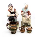 A pair of 19th century Staffordshire figures: 'The Cobbler' and 'His wife': together with three