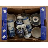 Collection of 19th century blue and white, early 19th century mugs, candlesticks, Chinese brush