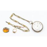 A silver Waltham pocket watch on a base metal Watch chain with T-bar stamped 9ct together with a