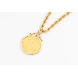 A George V sovereign dated 1928  mounted in 9ct gold pendant on rope twist chain, length approx