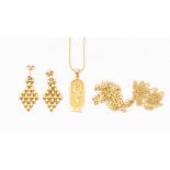 A collection of gold jewellery including a 14ct gold Egyptian necklace and chain, length approx
