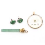 A collection of jewellery to include a pair of jadeite and diamond white metal stud earrings,