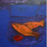 Burns, Julia (British) (XX), 'Fishes and Lemon on Blue', oils on canvas, signed and dated 1987