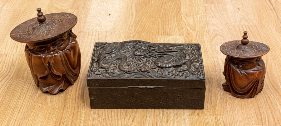 Bronze Chinese Dragon box along with two Chinese hardwood tobacco jars in the style of sleeping