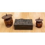 Bronze Chinese Dragon box along with two Chinese hardwood tobacco jars in the style of sleeping