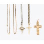 A collection of assorted gold jewellery, comprising 9ct gold cross, two 9ct gold chains, a further